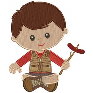 Cute Little Boy Camping Holding Sausage On The Stick Filled Machine Embroidery Design Digitized Pattern